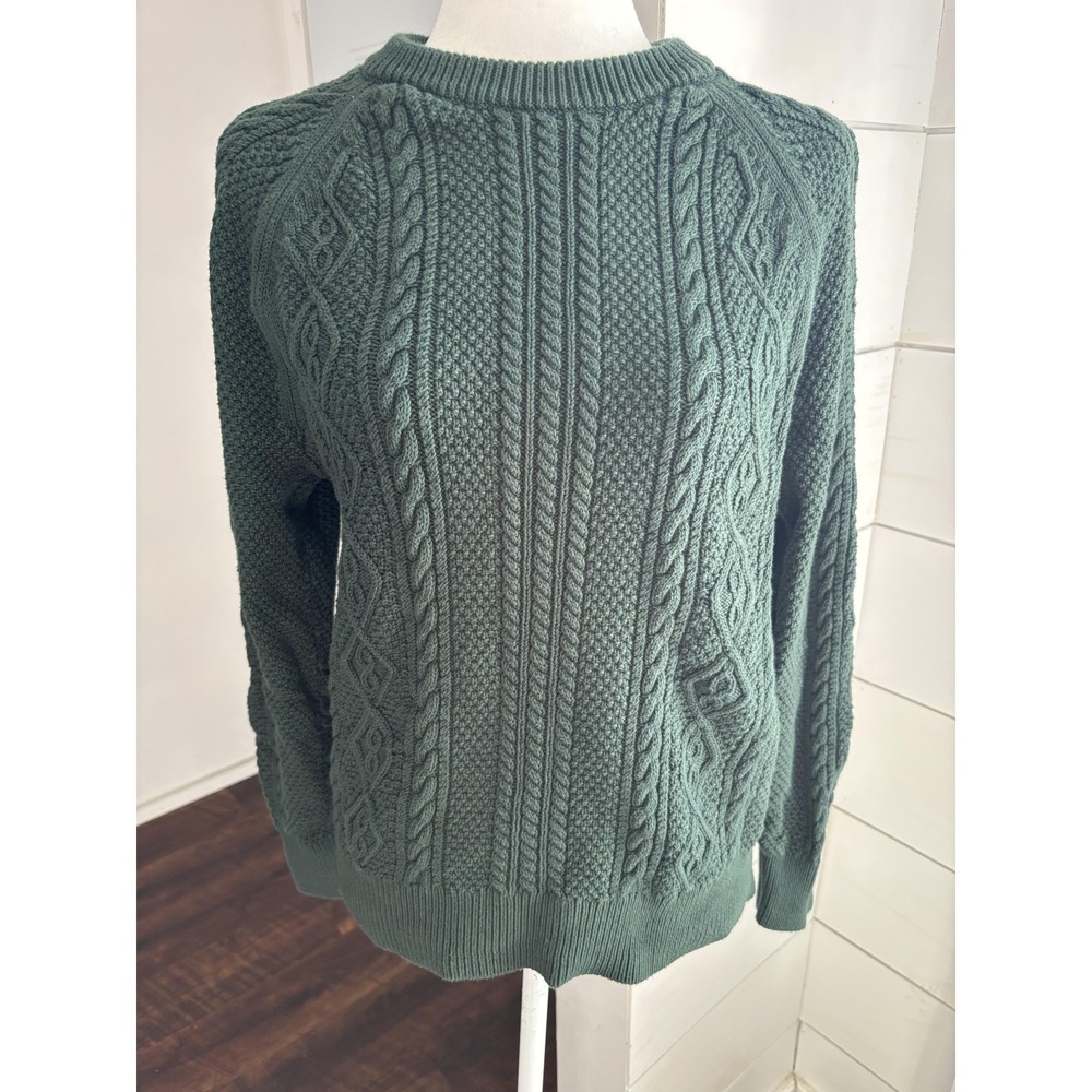 J Crew Sweater Womens Small Green 100% Cotton Cable Knit Crewneck Pullover‎